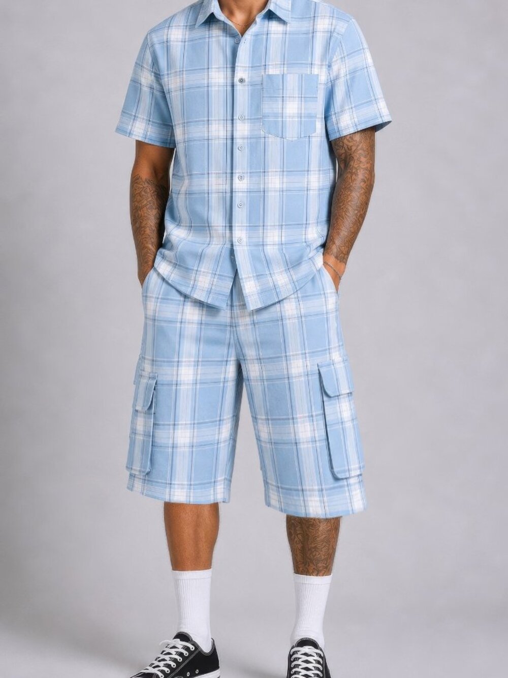🔥Men's Light Blue Plaid Shirt & Cargo Shorts Set | 2-Piece Matching Outfit